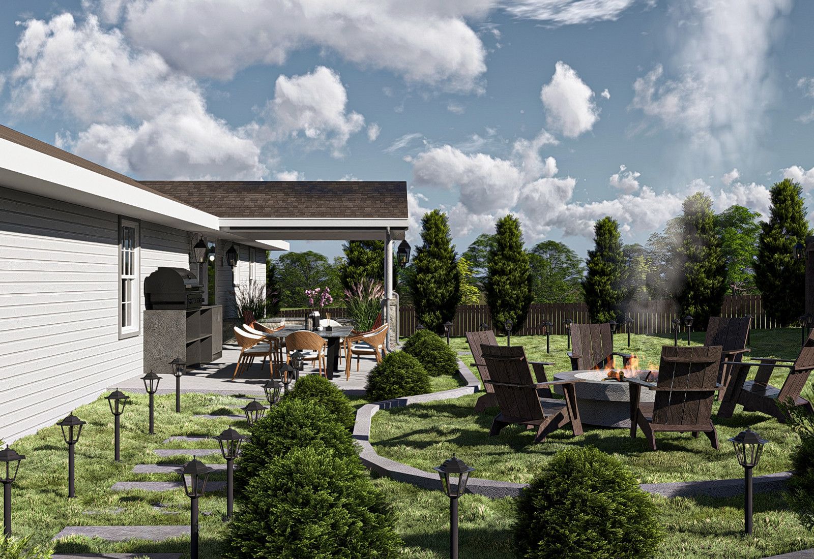 Rendering of a backyard patio with a covered outdoor kitchen, fire pit seating circle, and lit garden path, designed by Fabl Design