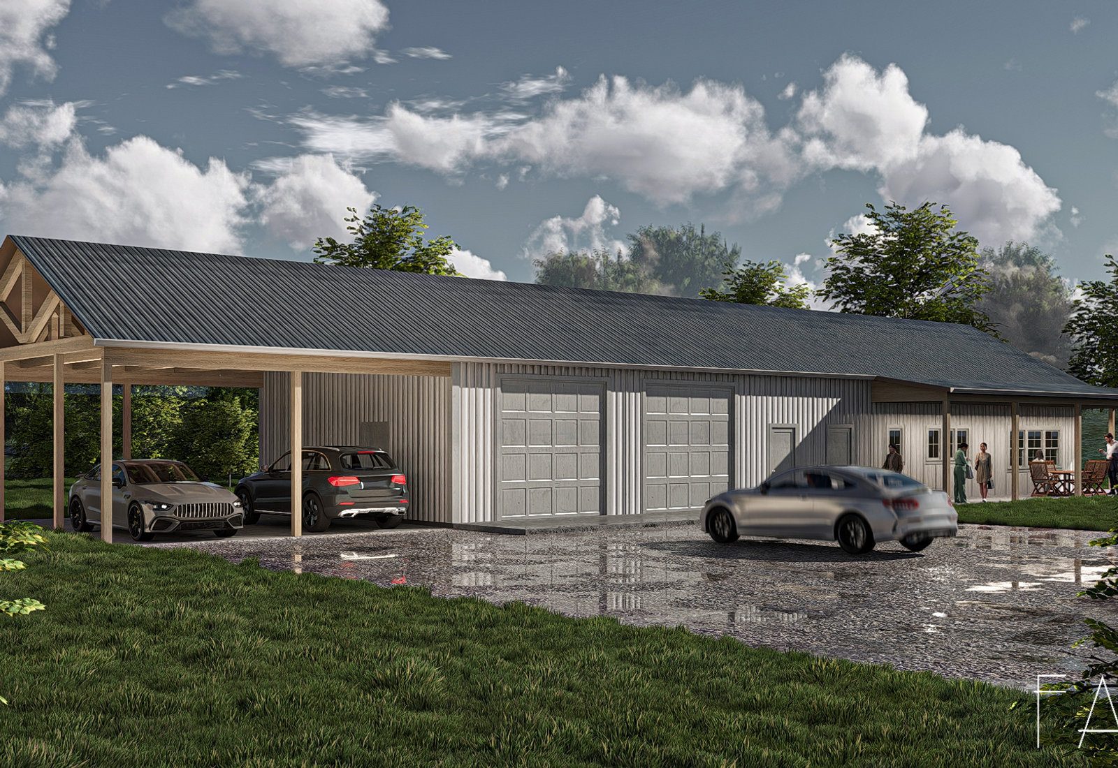 Rendering of a barn-style multi-use structure with dwelling, garage, and carport in Walterhill, Murfreesboro, designed by Fabl Design