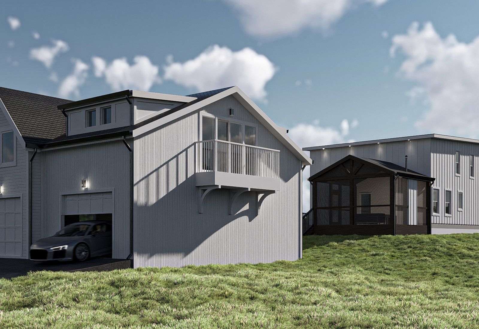 Rendering of a carriage-house garage with a living loft and balcony beside a screened porch, designed by Fabl Design