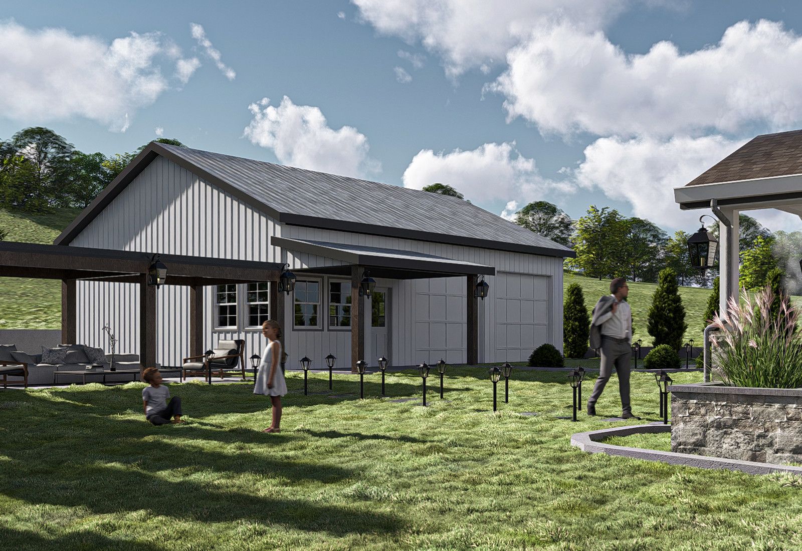 Rendering of a home with a timber-columned covered porch and landscaped lawn, designed by Fabl Design