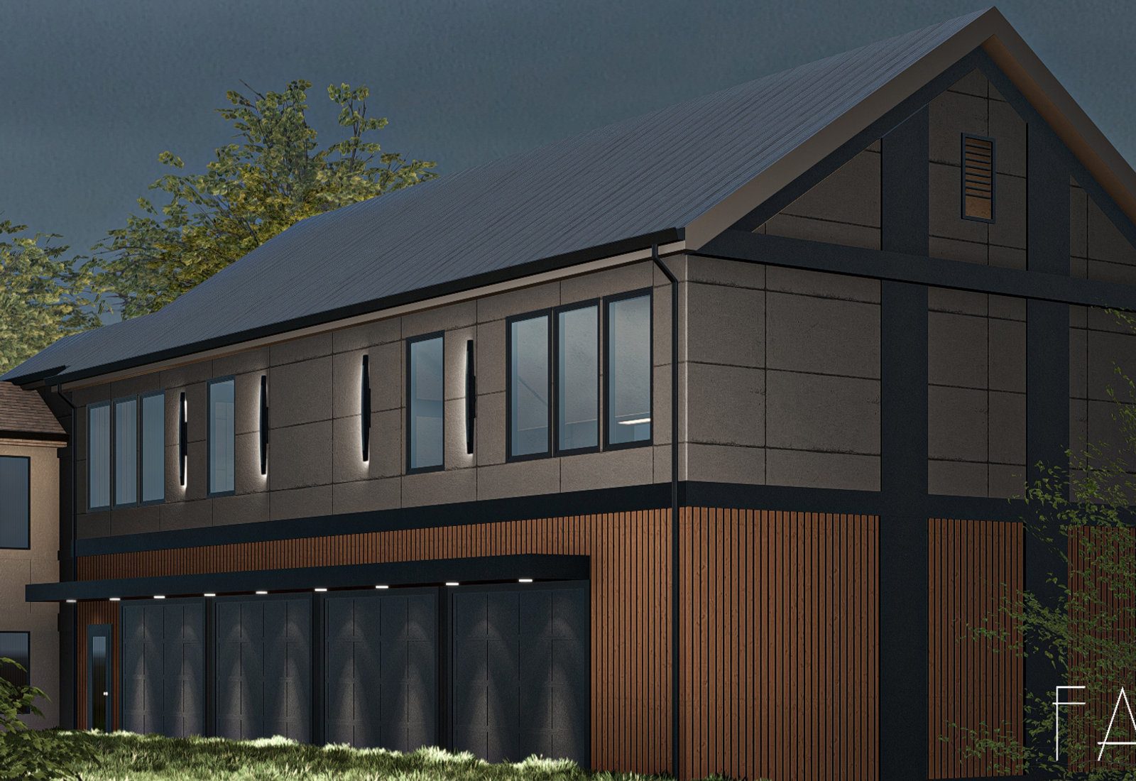 Rendering of a multi-level garage addition with a two-story connector in El Rancho Estates, Tennessee, designed by Fabl Design