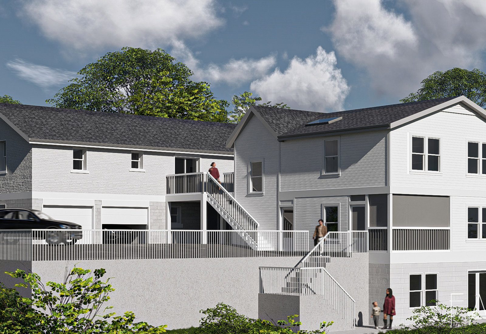 Rendering of a rear home addition with a raised deck in Nashville, Tennessee, designed by Fabl Design
