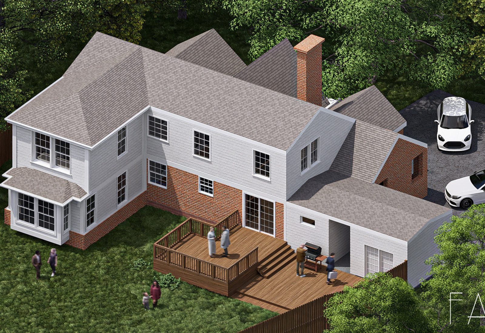 Rendering of a two-story addition to a brick home in Green Hills, Nashville, designed by Fabl Design