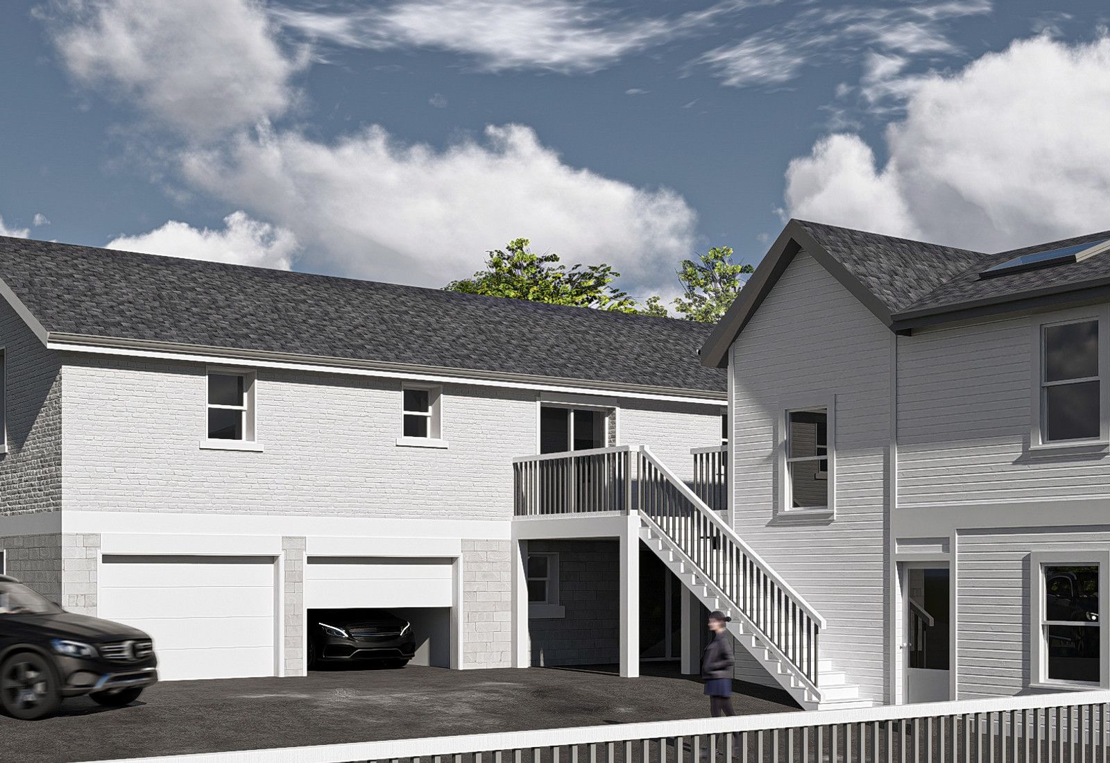 Rendering of a white detached garage and screened porch addition on a sloped lawn, designed by Fabl Design